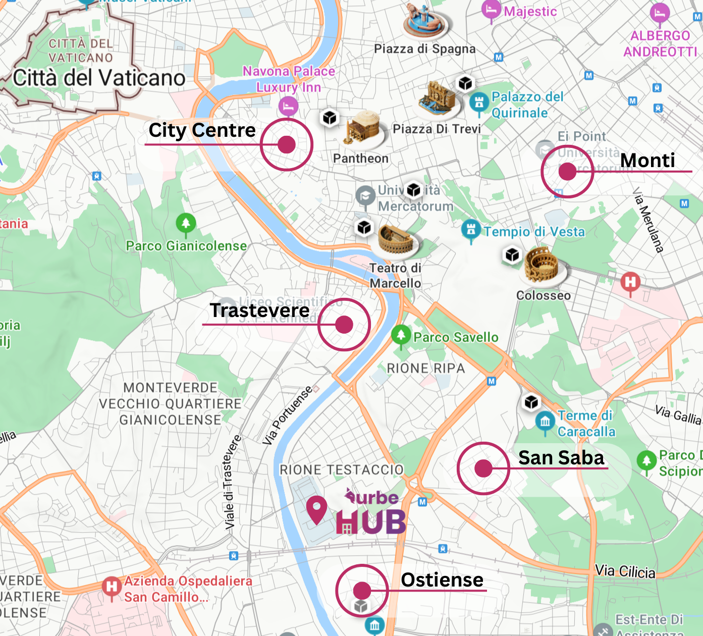 Map of Testaccio, Ostiense, Trastevere, Monti, San Saba and the city centre around Urbe Hub